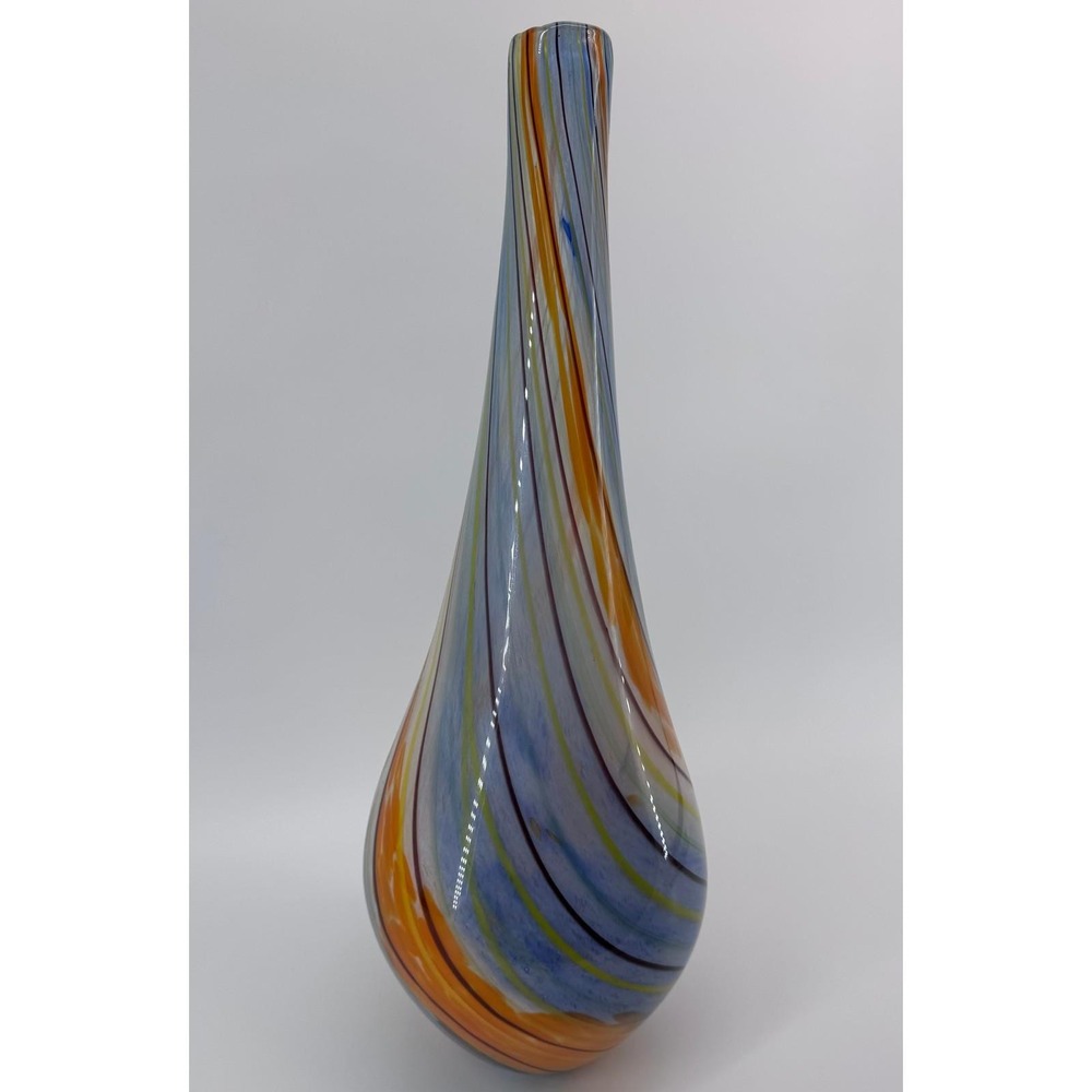 Murano Style Art Glass Vase Swirl Blue Orange Yellow Brown Hand Blown Tall Decor - Picture 4 of 11